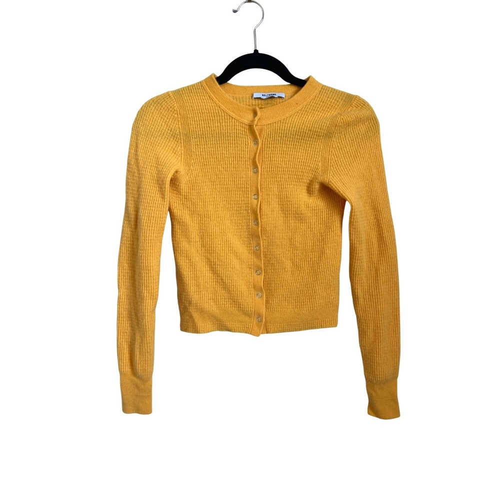 RE/DONE Clementine Yellow Wool Cashmere Waffle‎ Knit Cardigan XS 671-10WLSSWCA